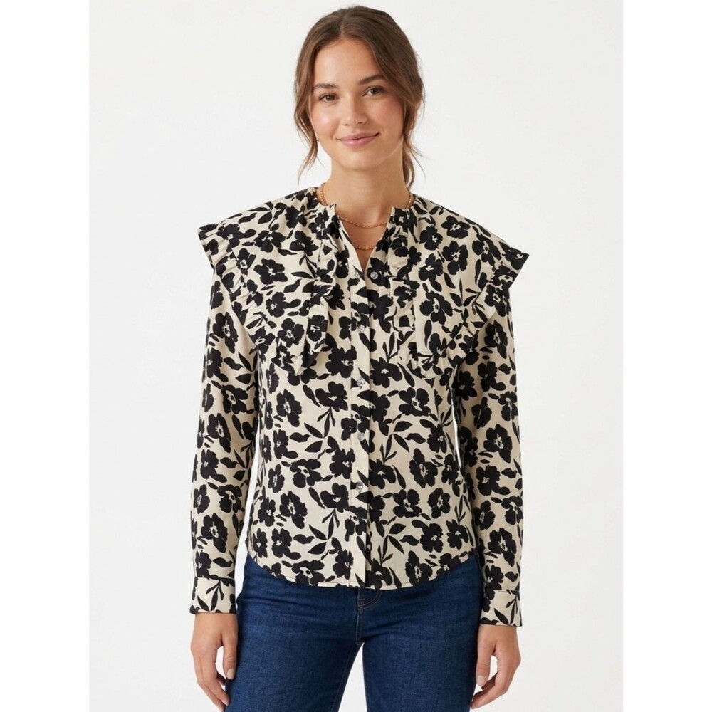 Udel New York Black & White Floral Ruffle Statement Blouse Size Small